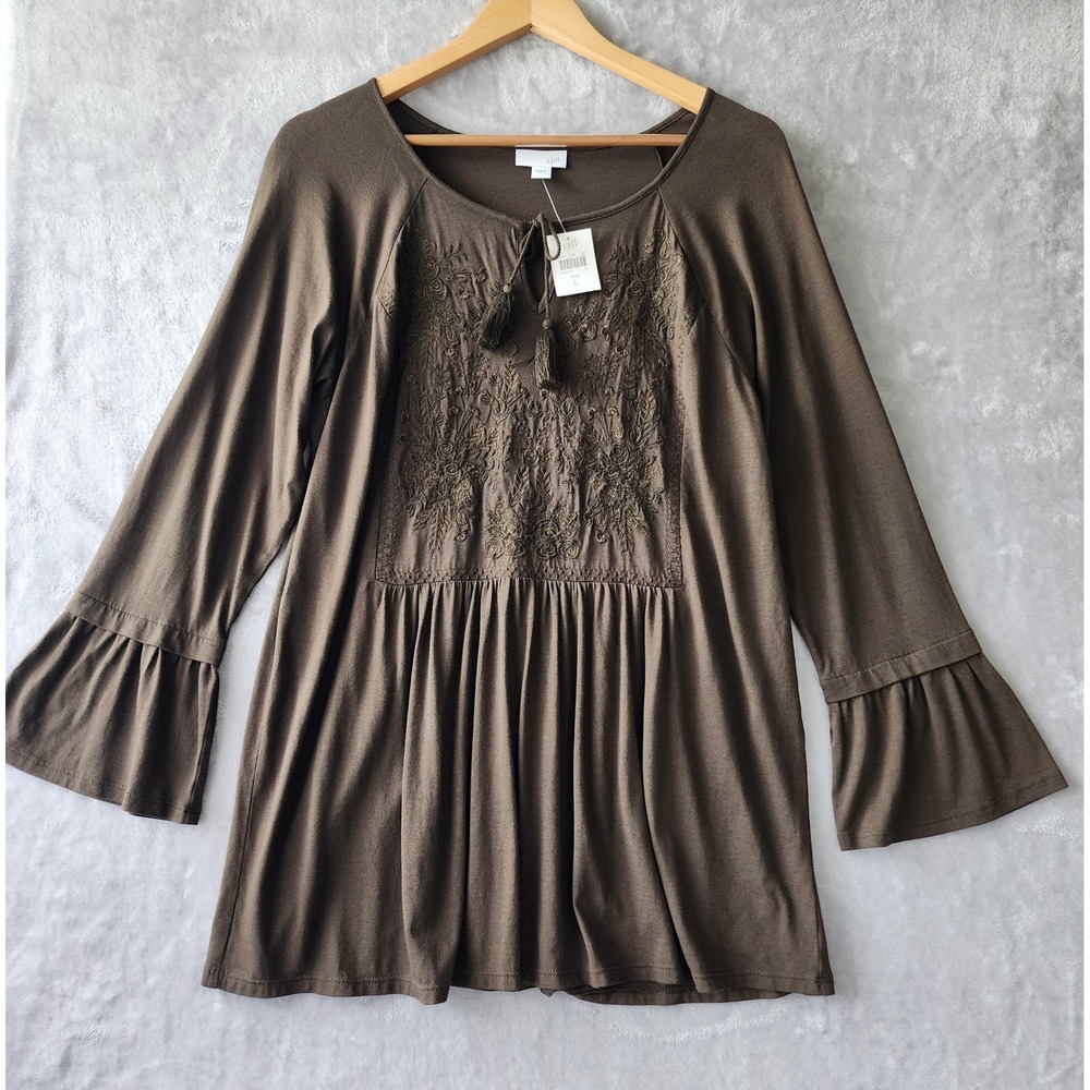 J. Jill Top Womens Size Large Embroidered floral Tassel Tunic Bell Blouse NEW